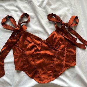 Cider Rust Satin Corset Crop Top with Bow Straps